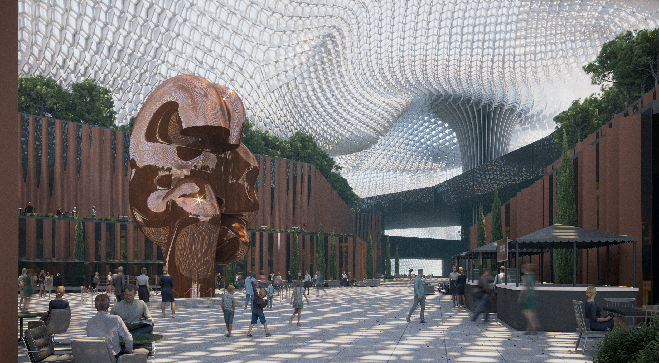 people walking through cloud 9 building with 3d printed roof structure creating cool atmosphere