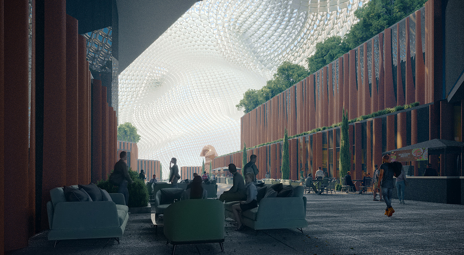 people sitting inside cloud 9 building with 3d printed roof structure creating cool atmosphere