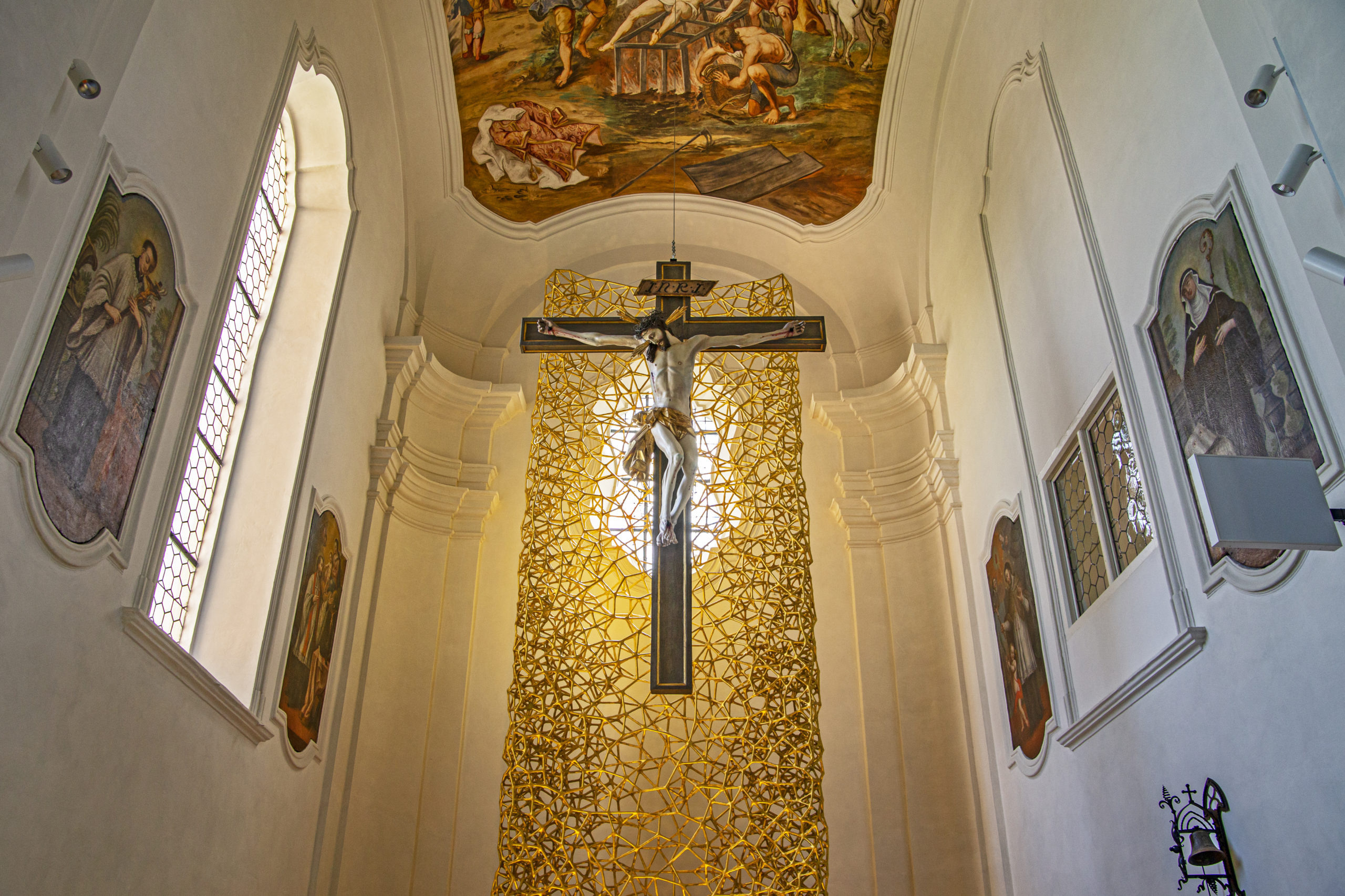 frog perspective of large decorative 3d printed interior element in church