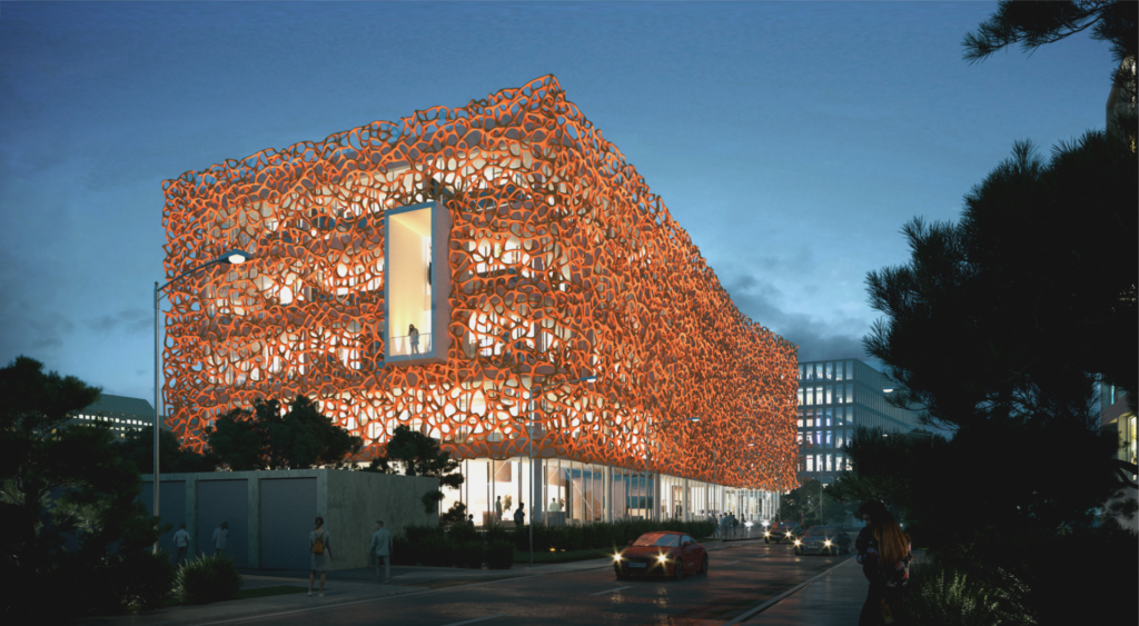 rendering of house with large 3d printed orange facade during night