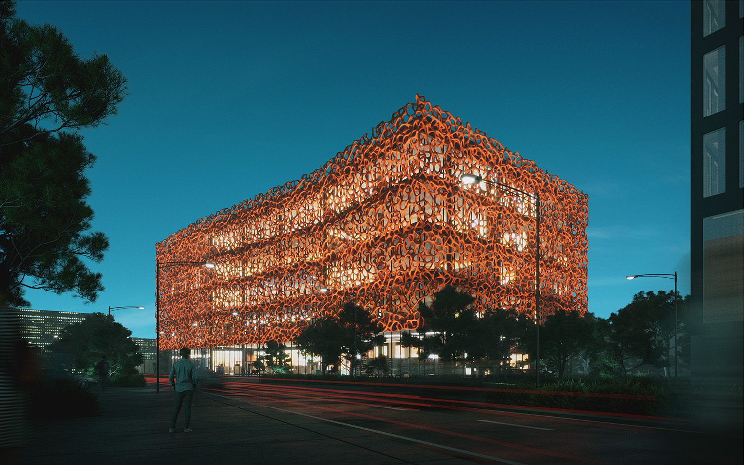 rendering of house with large 3d printed orange facade during night