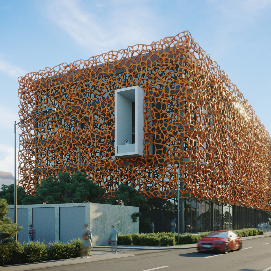 rendering of house with large 3d printed orange facade during day